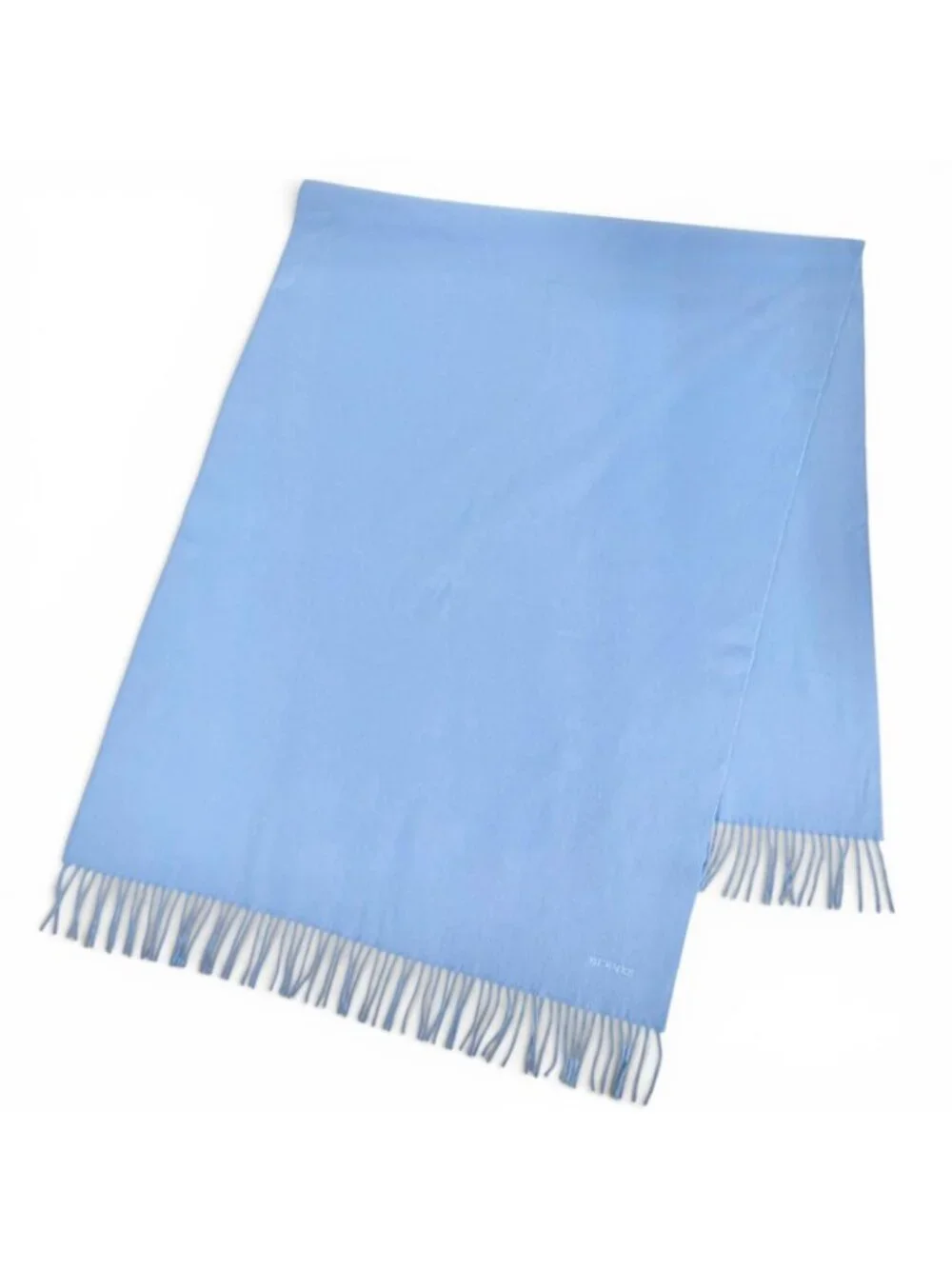 Hermes Cashmere Logo Embroidery Fringe Large Shawl Scarf Light Blue
